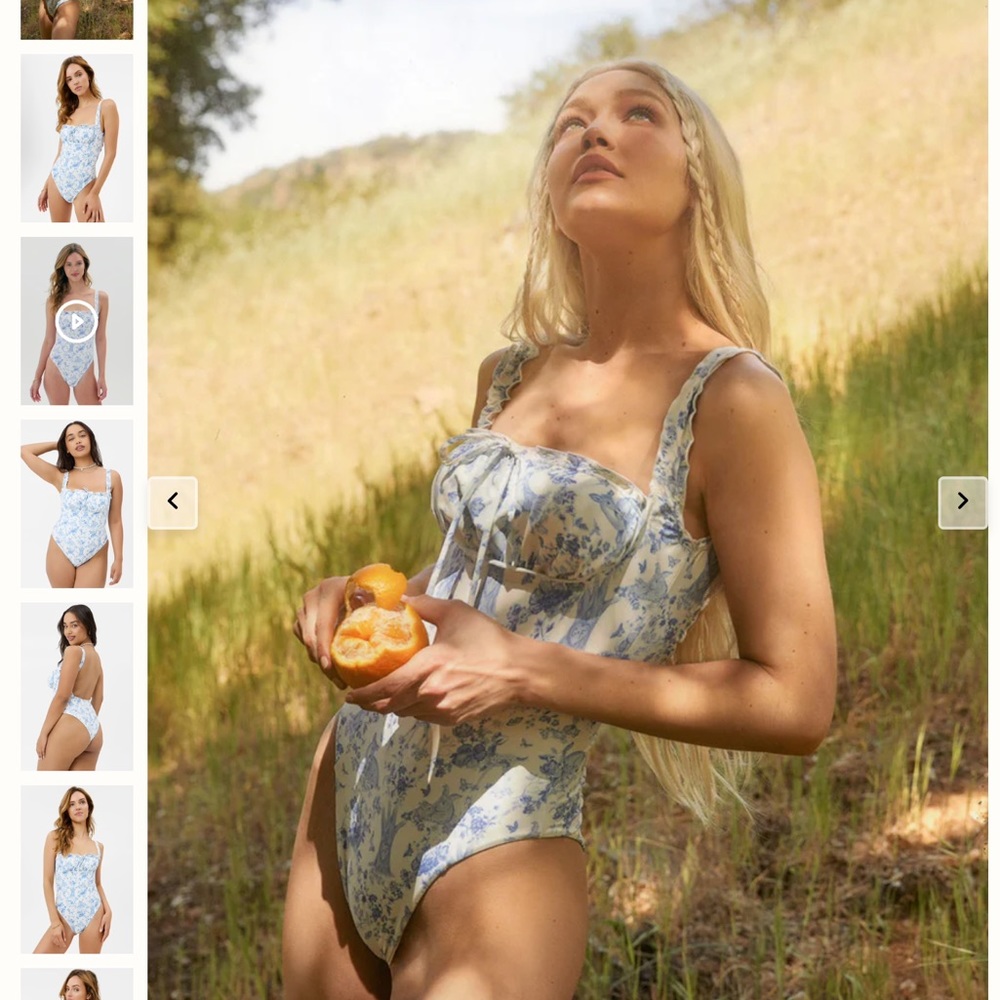 NWT Frankie’s Bikinis x GIGI HADID Fawn Ruffle One Piece in Yomi Toile Blue